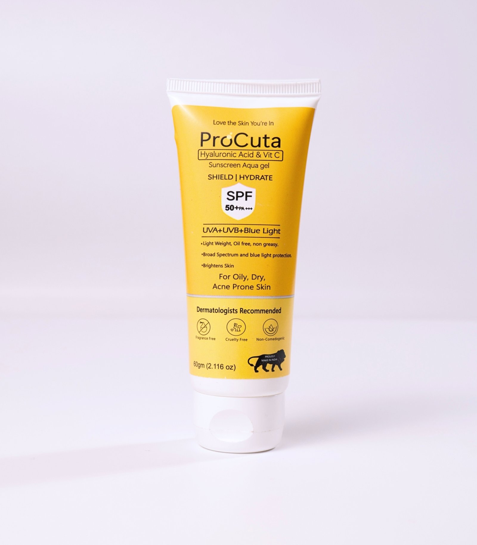 ProCuta Sunscreen Aqua Gel | SPF 50 PA+++, Broad-Spectrum UV Protection | Lightweight, Non-Greasy | No White Cast | For All Skin Type | 60 g
